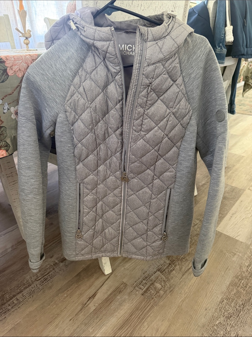 MICHAEL Michael Kors Quilted Hooded Zip Jacket - Gray
